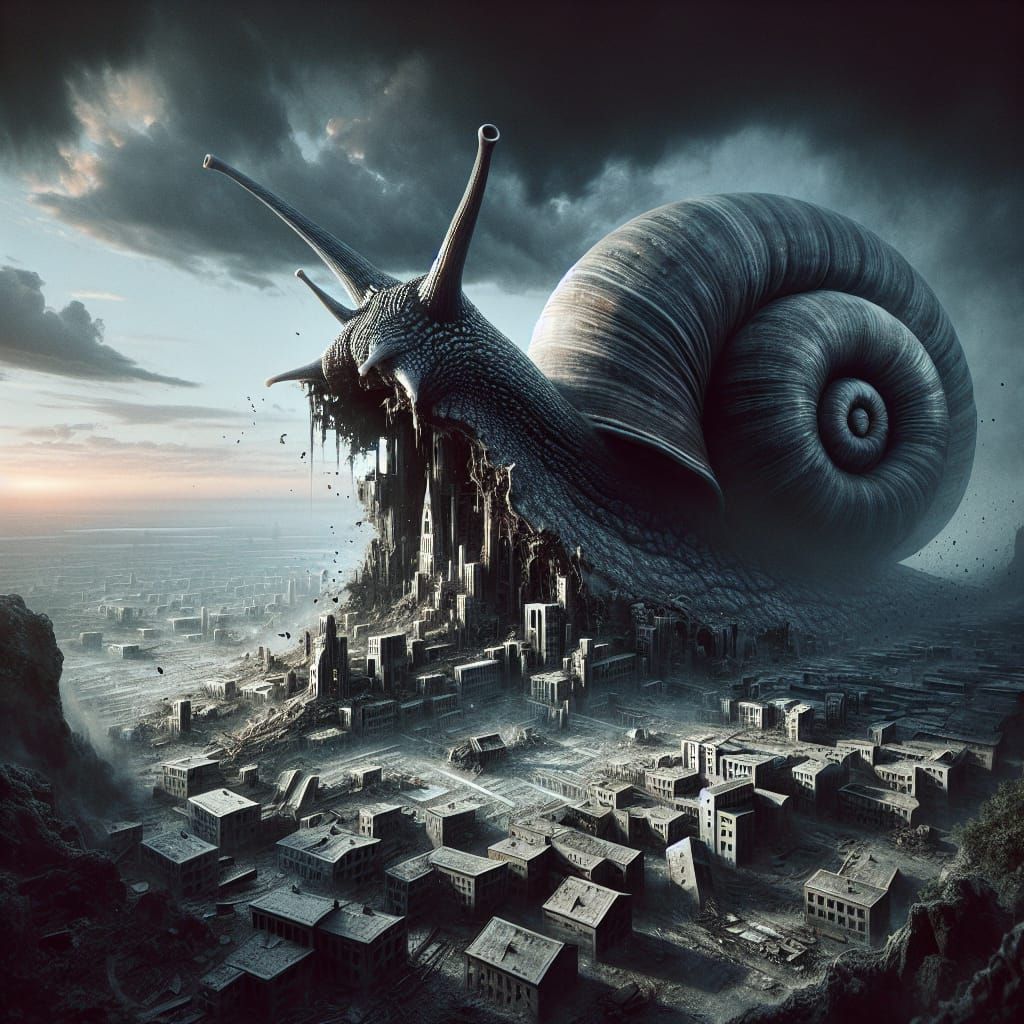 Dark Surrealism Giant Snail Devours City