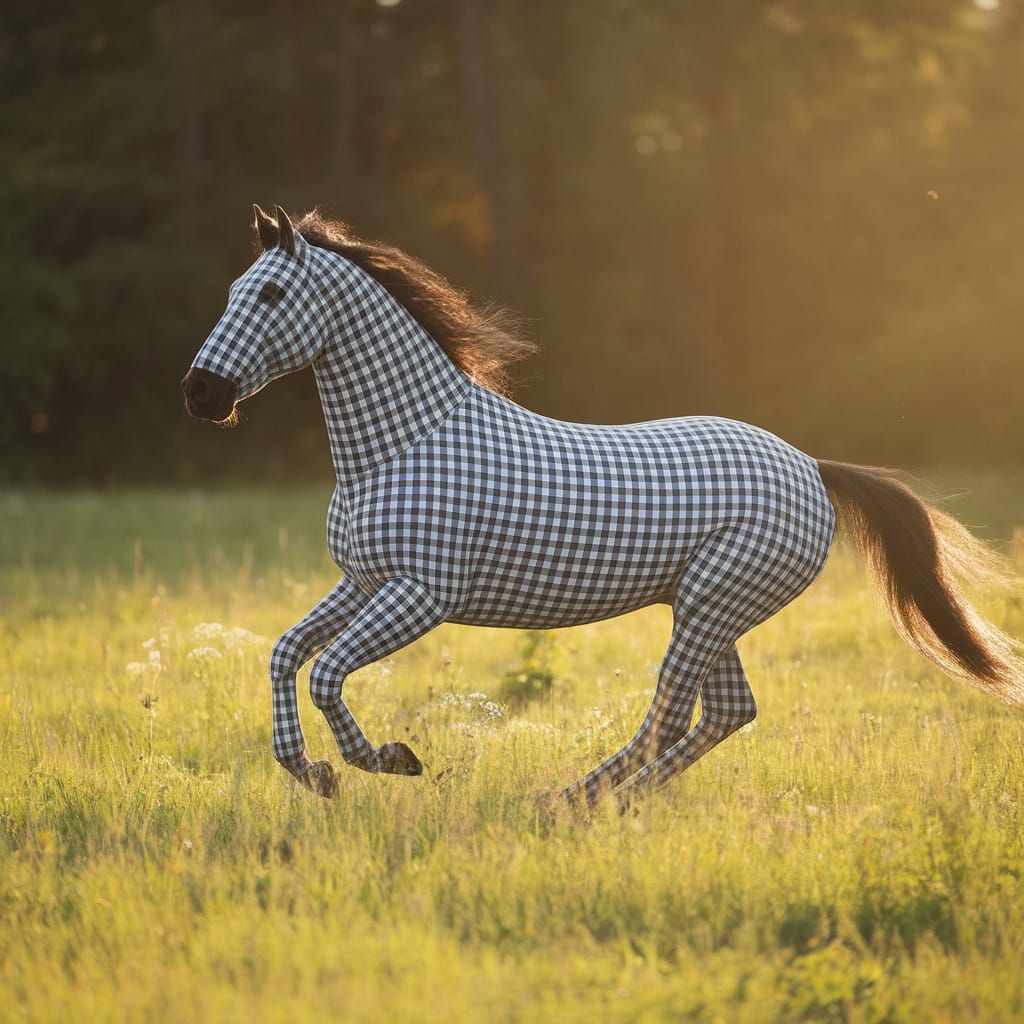 Gingham Horse Gallops Across Sunlit Meadow