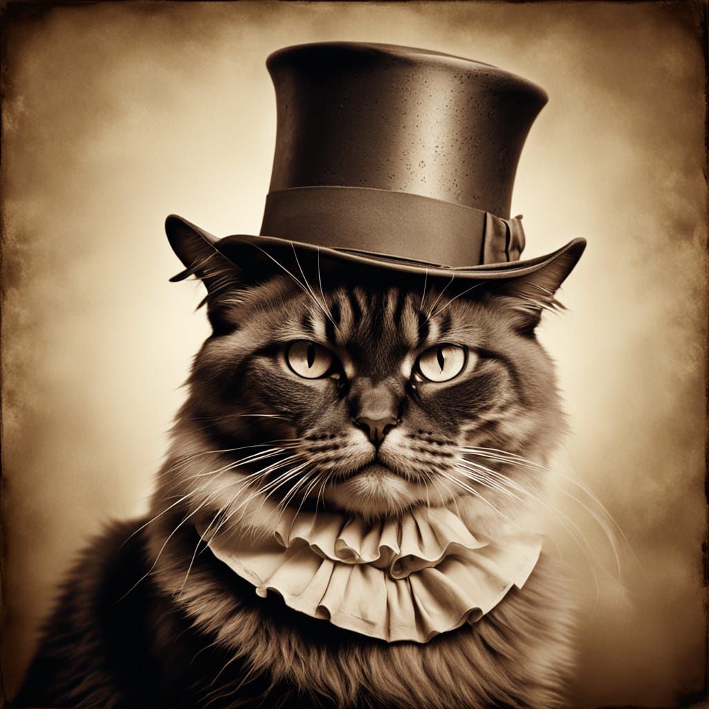 Grumpy Cat in Stovepipe Hat: Sepia-Toned Portrait