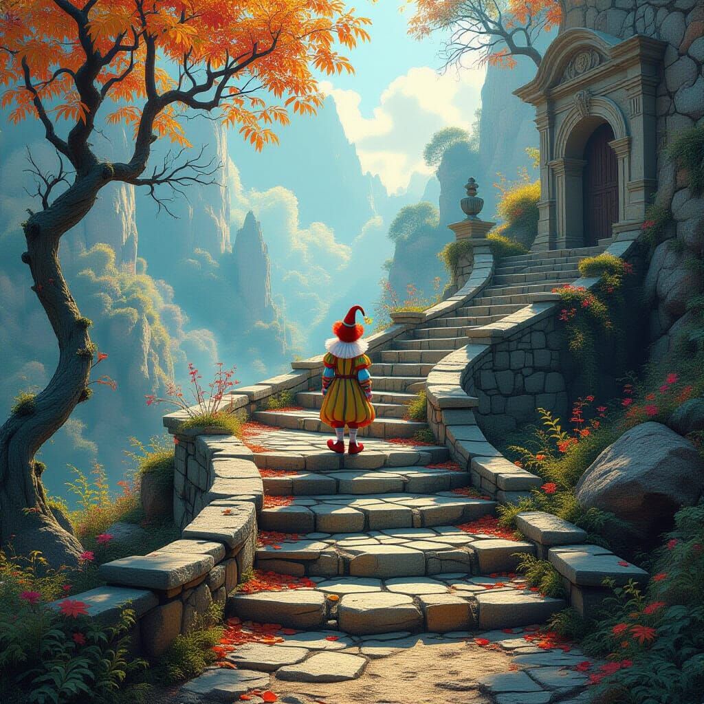 Whimsical Clown on Fantasy Path in Daylight