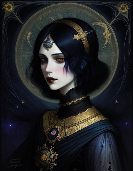 Ethereal Midnight Witch Portrait in Art Nouveau Style