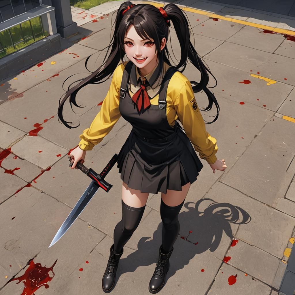 Anime Girl with Bloody Knife in 3D Style