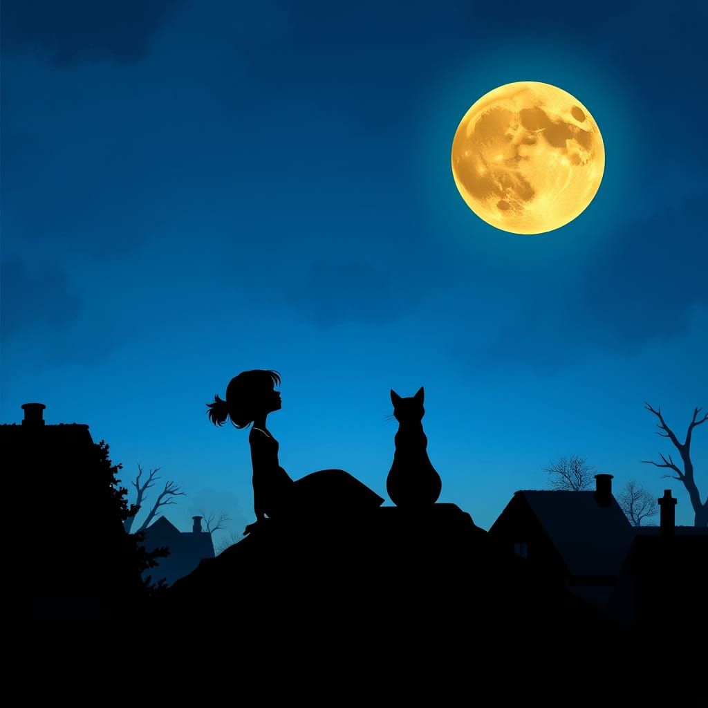Girl and Cat Moon Gazing, Dreamy Animation Style