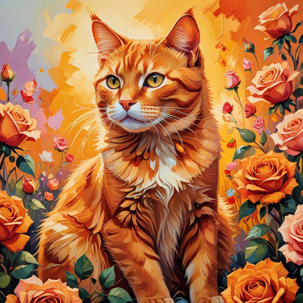 Vibrant Oil Painting of Orange Cat in Roses