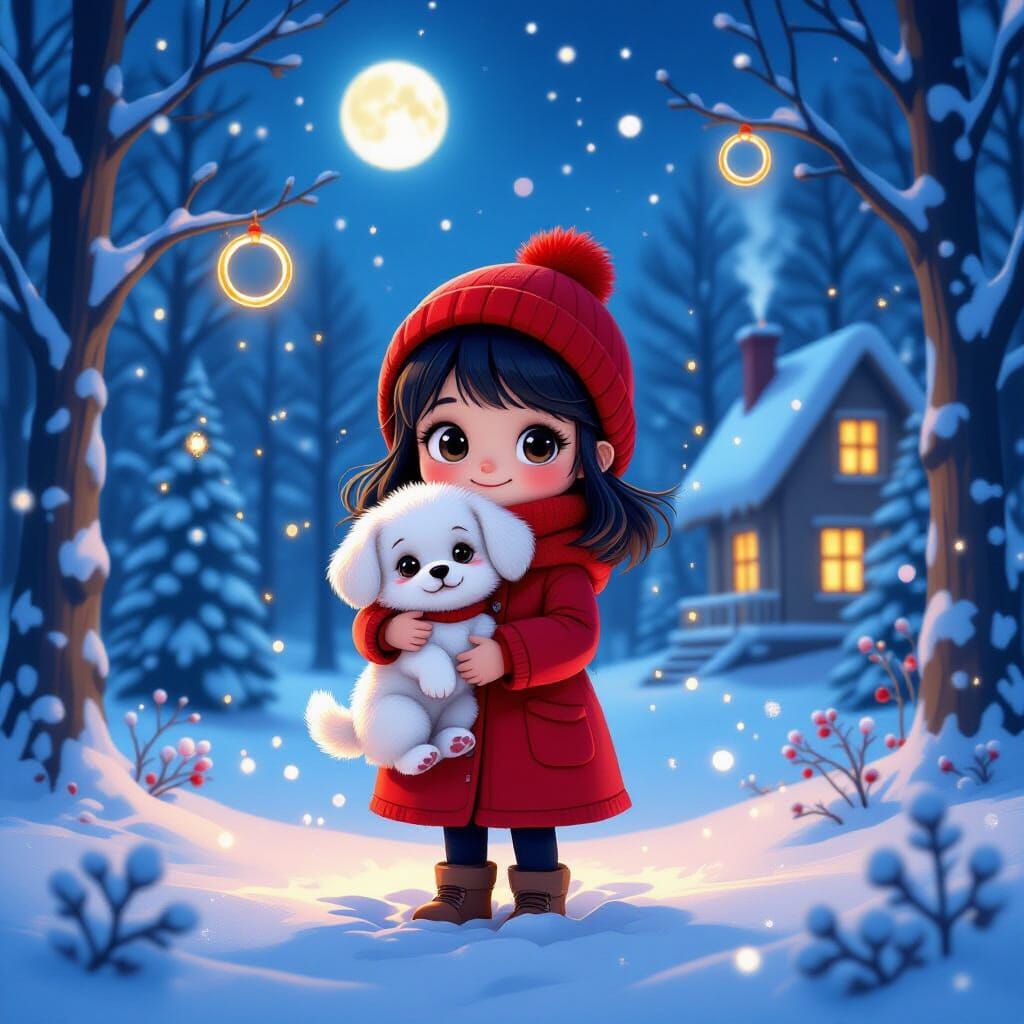 Girl with Puppy in Snowy Forest, 3D Render
