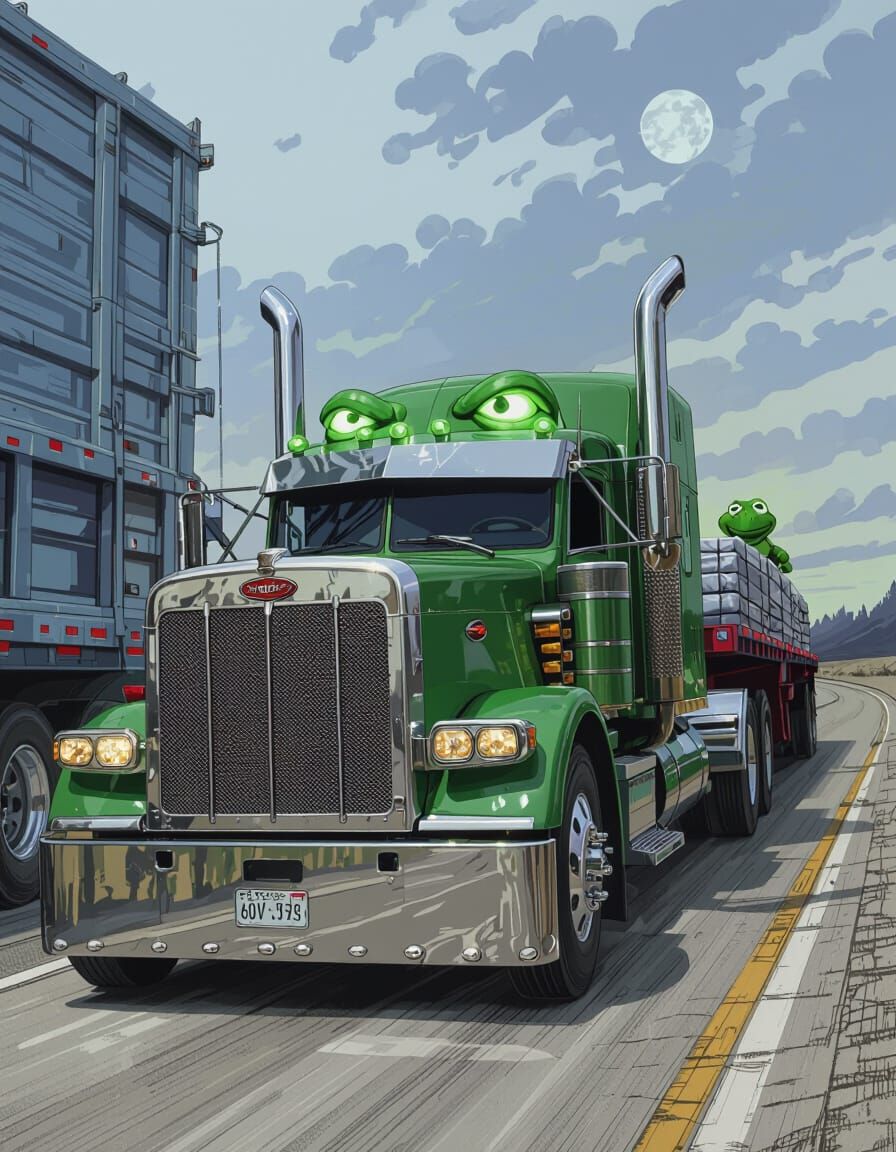 Evil Kermit Drives Peterbilt Semi with Conestoga Trailer