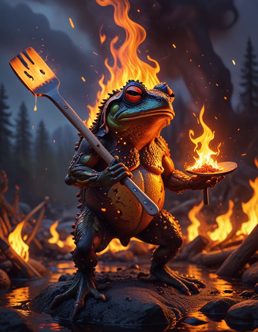 Fire-Demon Frog Finds Wooden Spatula: Pixar-Style Illustrati...
