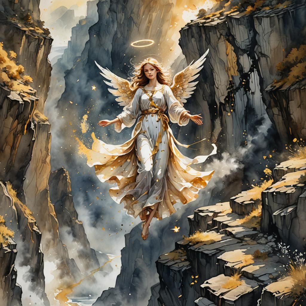 Sparkly Angel Floating Over Cliff in Watercolor Style