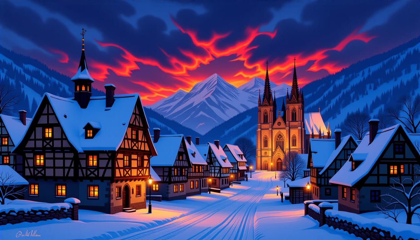Snowy Alpine Village at Twilight in Renaissance Style