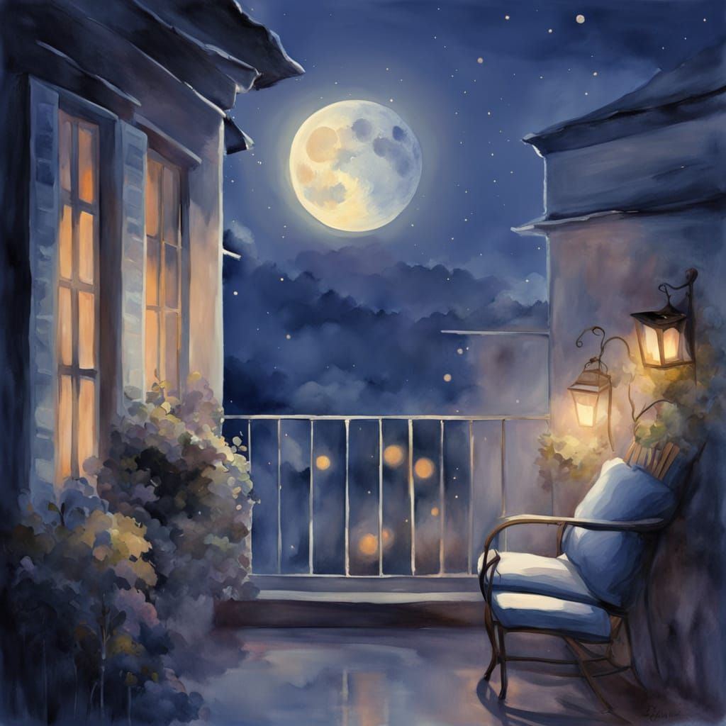 Whimsical Watercolor Moonlit Balcony Scene