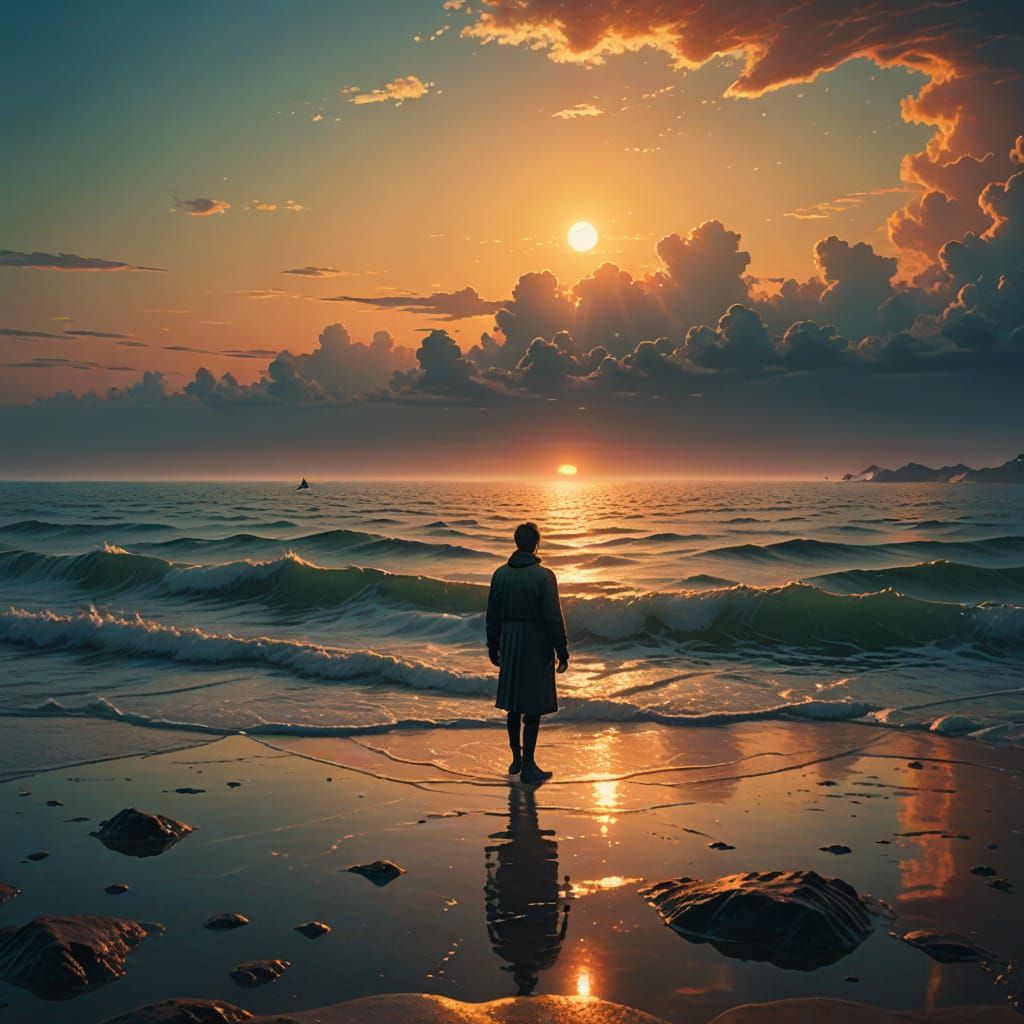 Ethereal Figure Stands Beyond the Glowing Sea in a Dreamlike...