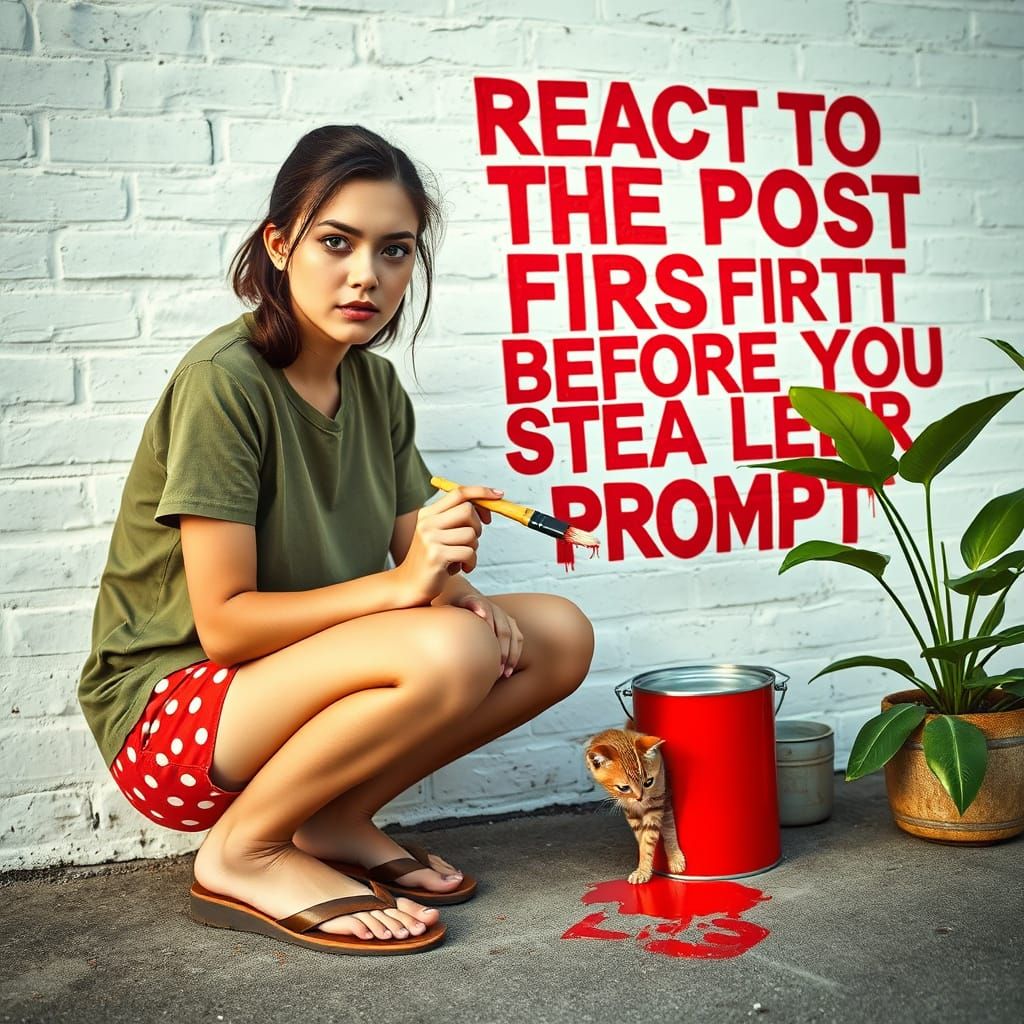 Woman Paints Message on Wall with Kitten Watching