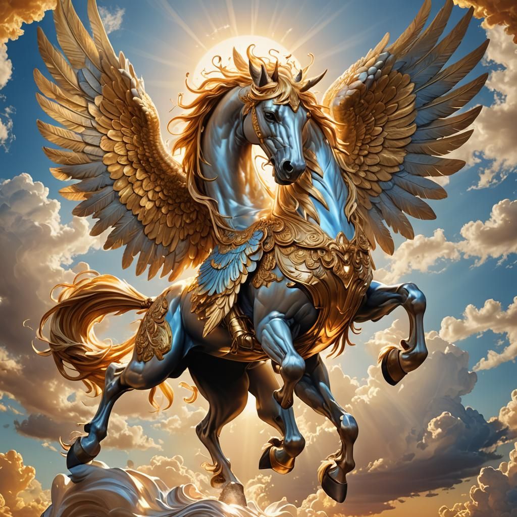 GOLDEN MUSCULAR PEGASUS WITH WINGS SPREAD UNDER THE SUN
