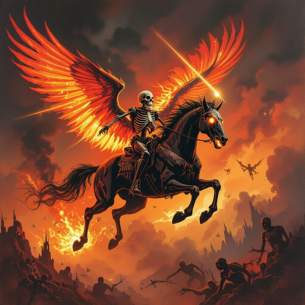 Skeletal Rider on Demonic Horse in Apocalyptic Sky