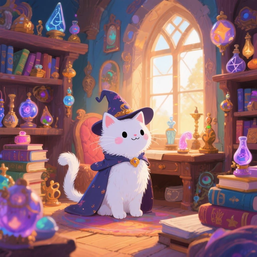 Charming Cat Wizard in Kawaii Style