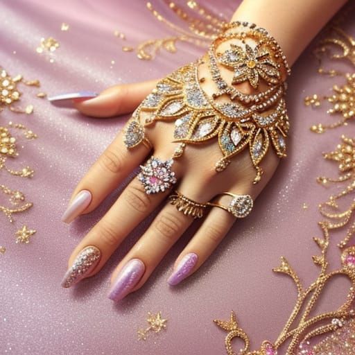 Glamorous Pink Nail Art with Diamonds & Intricate Patterns