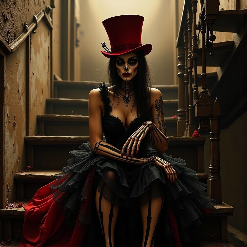 Skeleton Woman in Gothic Gown & Top Hat on Sepia Staircase