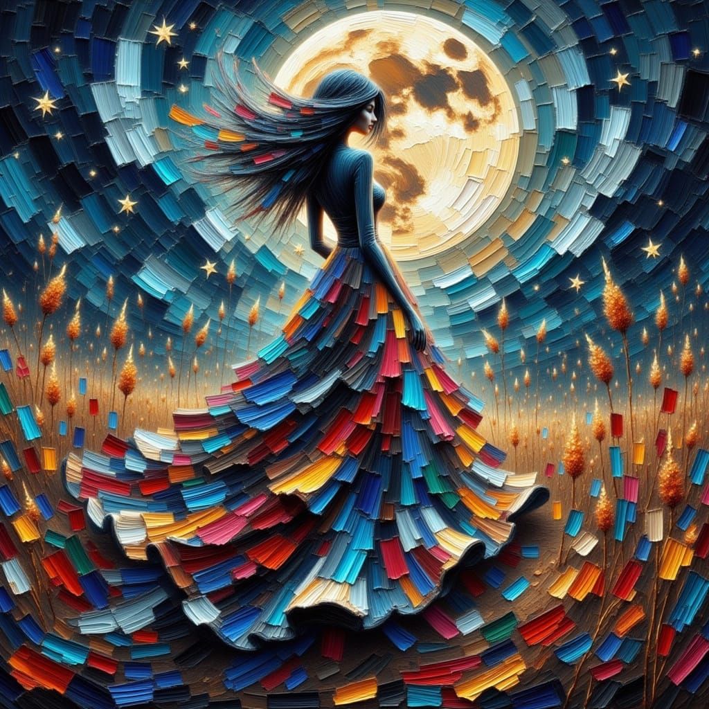 Impasto Woman Silhouette Under Moonlight