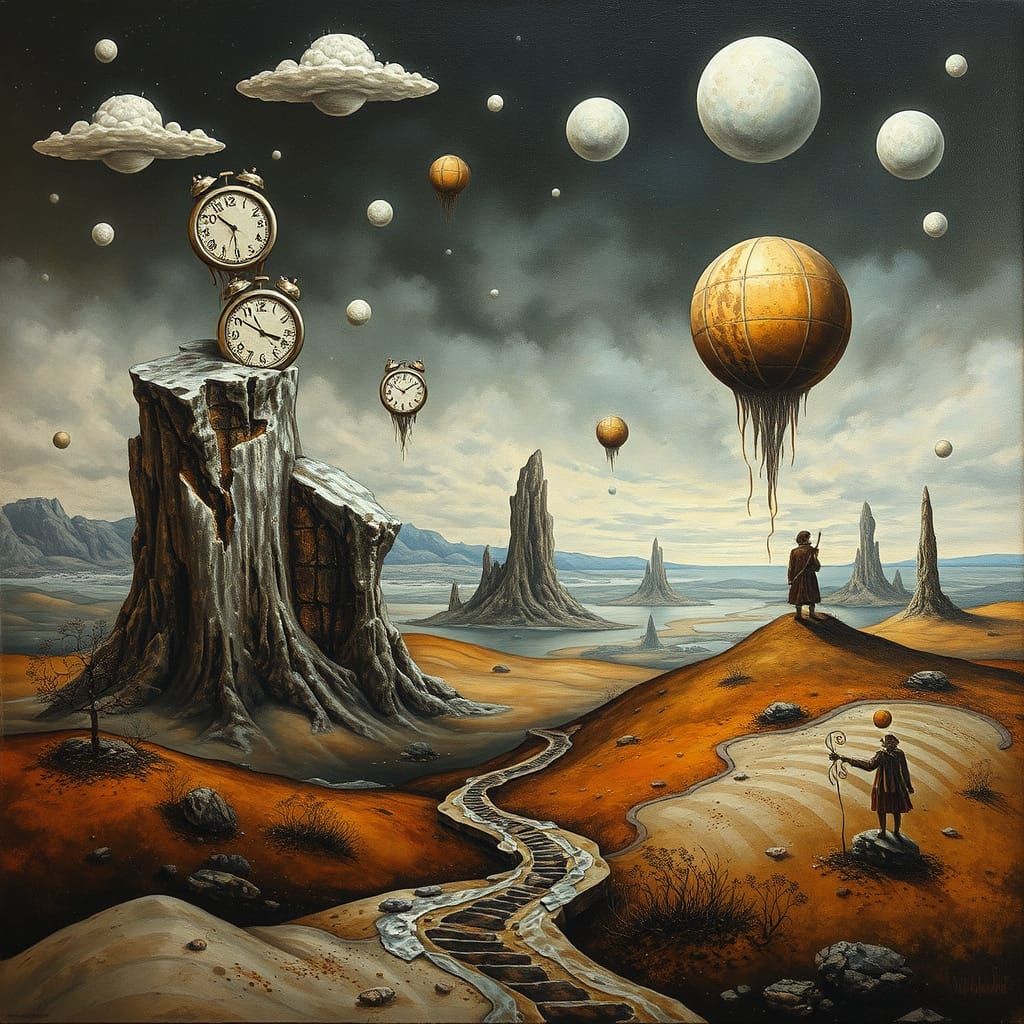 Surreal Landscape with Floating Islands and Melting Clocks