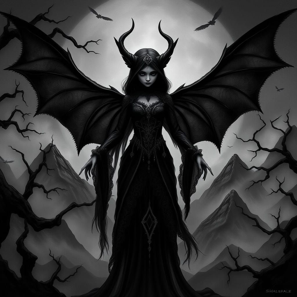 Elegant Dark Fairy Unfolds Her Majestic Wings Aloft