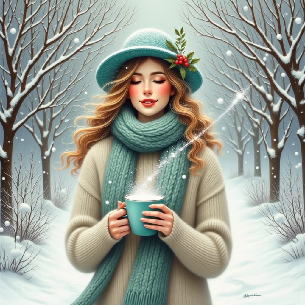 Woman in Snowy Garden with Teal Hat and Holly Scarf