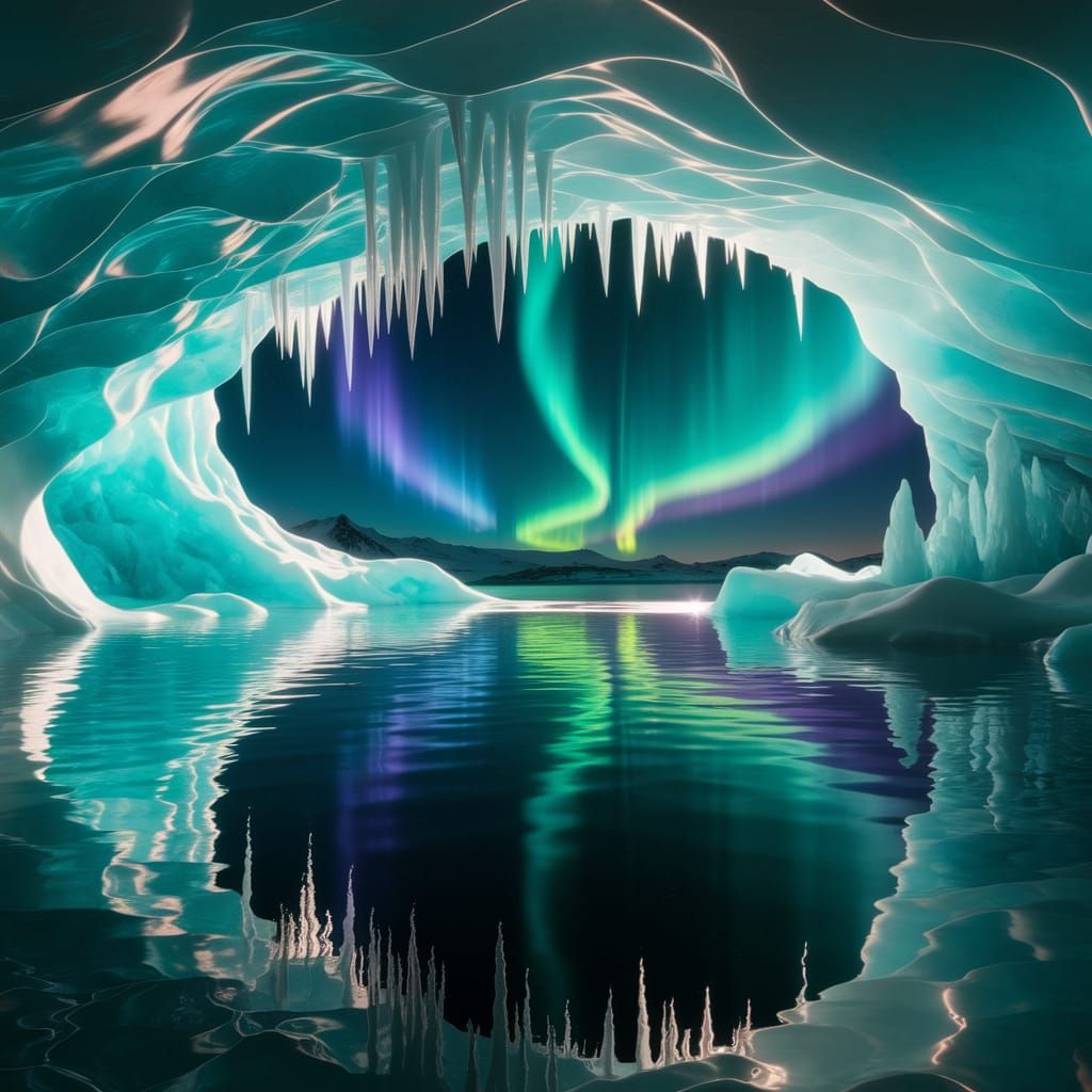 Turquoise Ice Cave in Iceland with Aurora Borealis