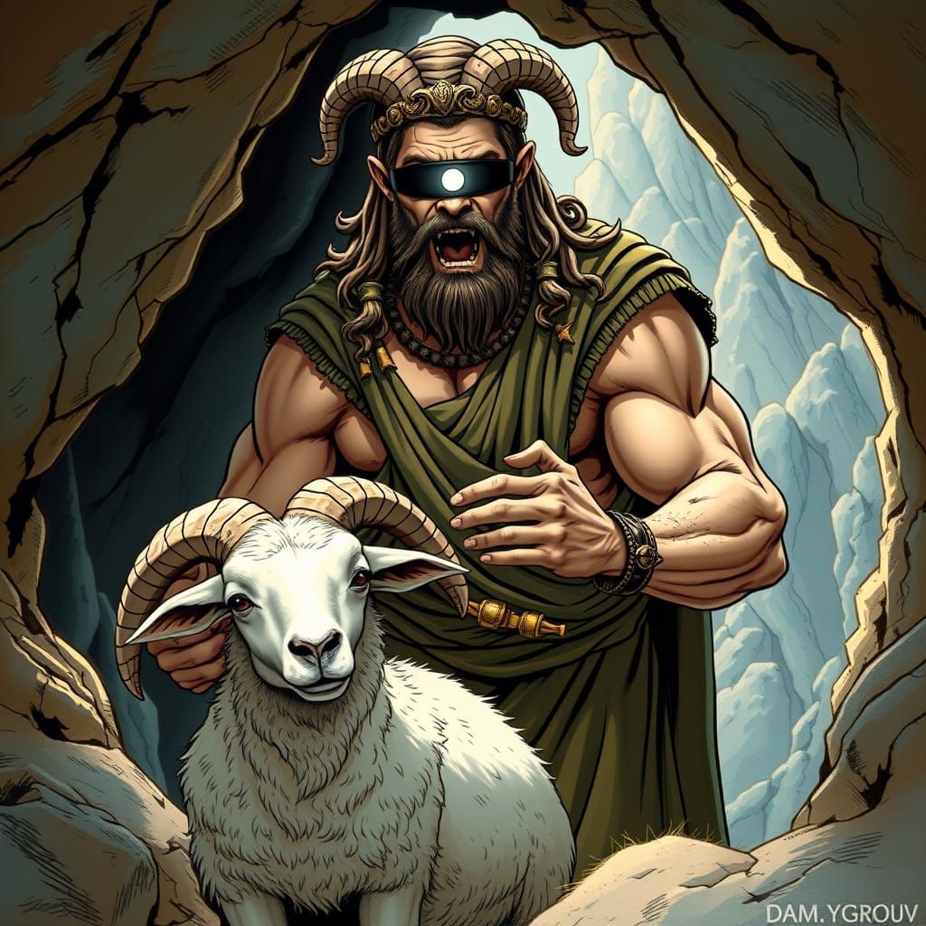 Greek Explorer and Cyclops Under Sheep, Comic Book Style