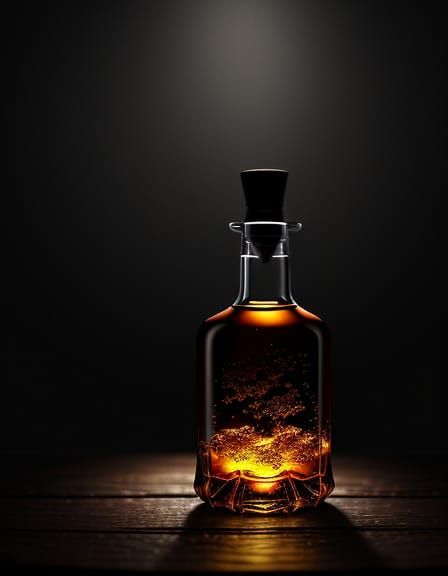 Surreal Whiskey Bottle on Rustic Table