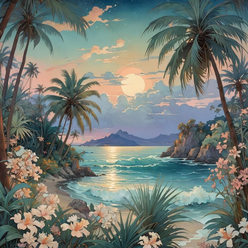 Night Sea Landscape in Art Nouveau Style