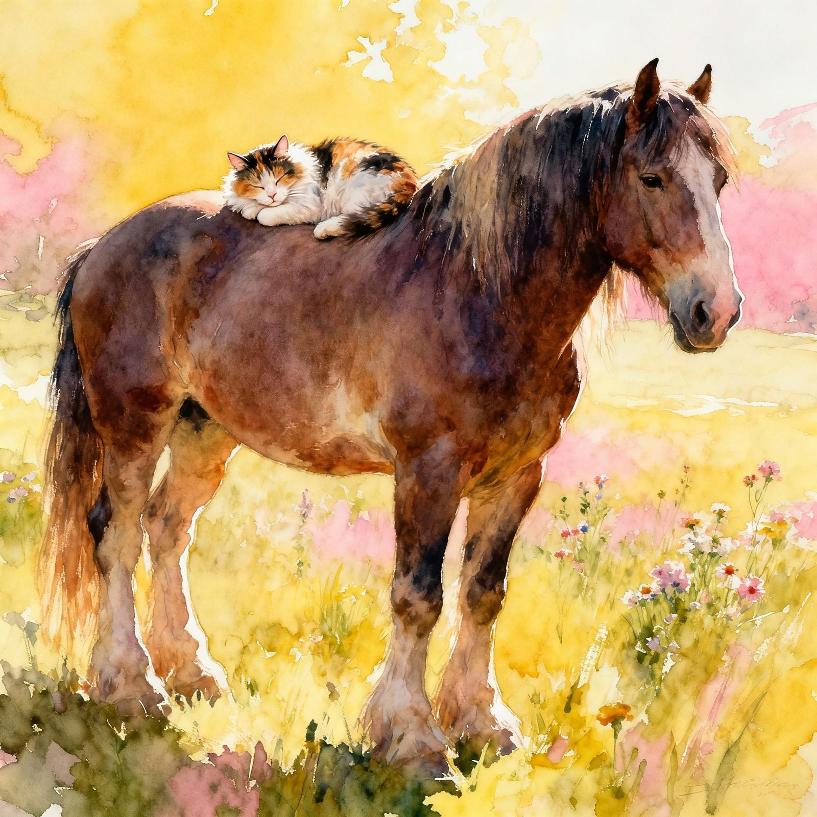 Calico Cat Sleeps Peacefully on Shire Horse in Meadow