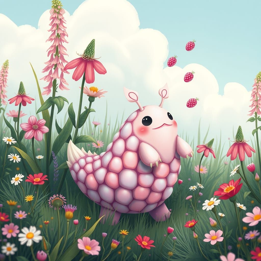 Whimsical Pink Monster in a Lush Meadow Landscape