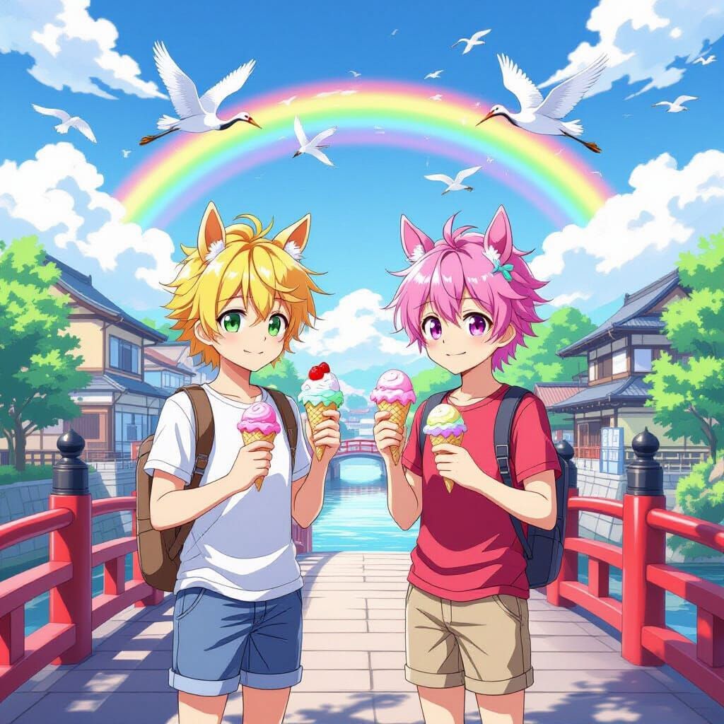 Anime Men with Horse Ears on Japanese Bridge