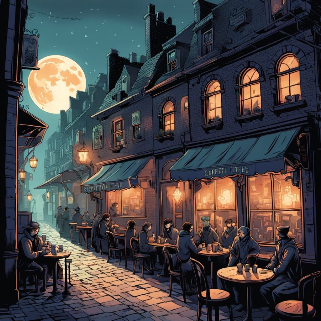 Mystical Coffeehouse on Moonlit Street