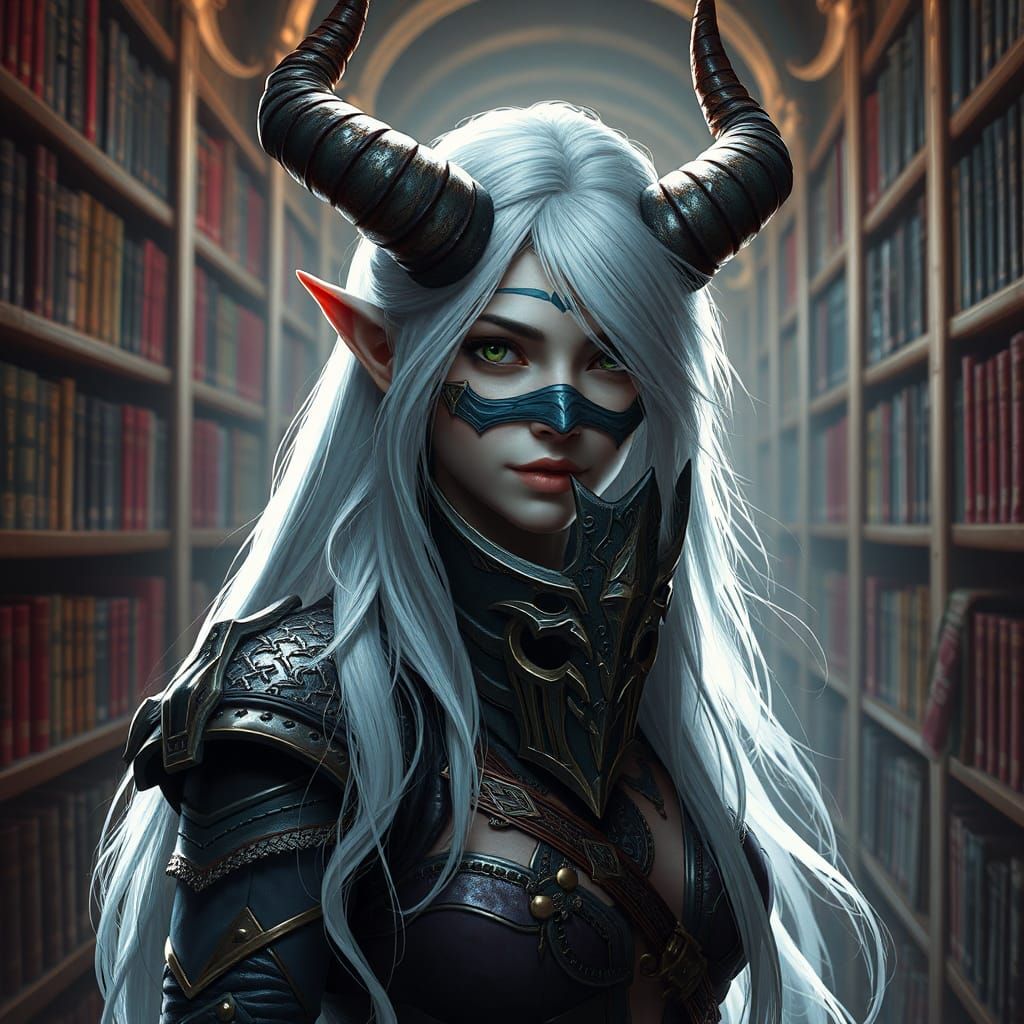High-Elf Female in Library: Detailed Fantasy Art