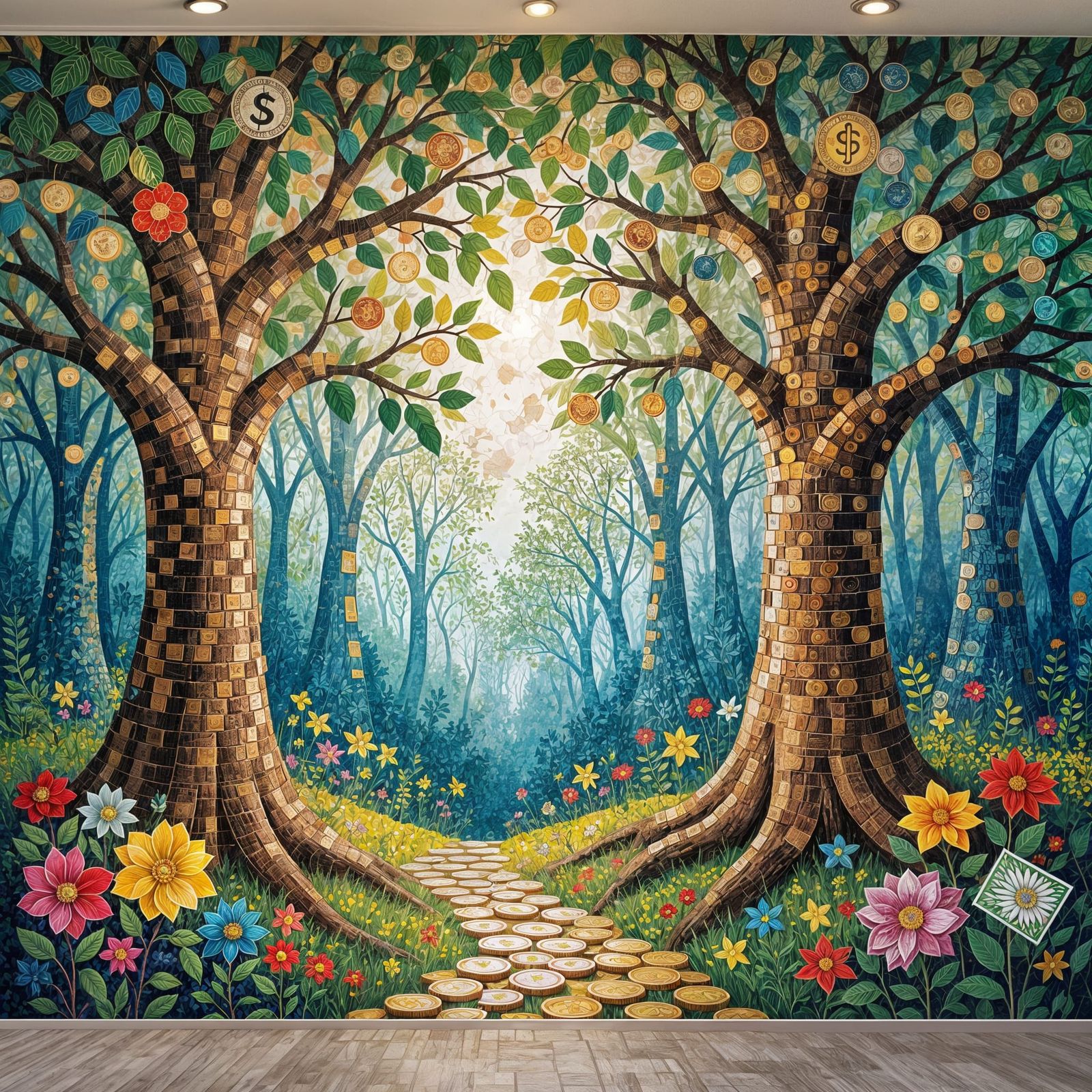 Fantastical Forest Mural of Shimmering Penny Leaves