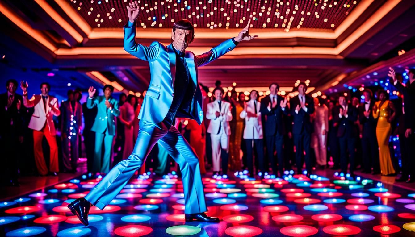 Mr. Spock imitating the famous dance pose from the film "Saturday Night Fever." He is standing on a lighted disco floor...