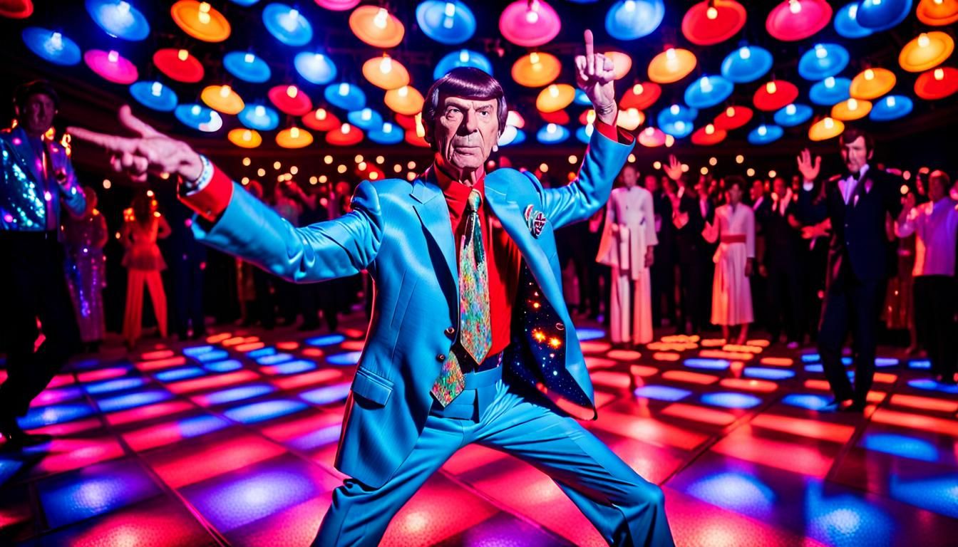 Mr. Spock imitating the famous dance pose from the film "Saturday Night Fever." He is standing on a lighted disco floor...