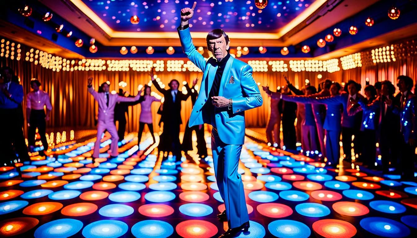 Mr. Spock imitating the famous dance pose from the film "Saturday Night Fever." He is standing on a lighted disco floor...