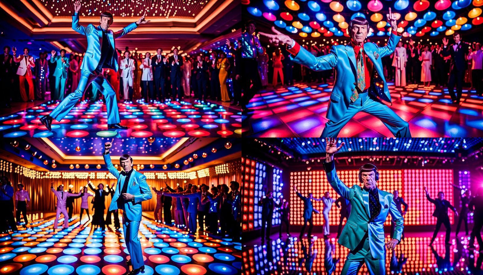 Mr. Spock imitating the famous dance pose from the film "Saturday Night Fever."  He is standing on a lighted disco floor...