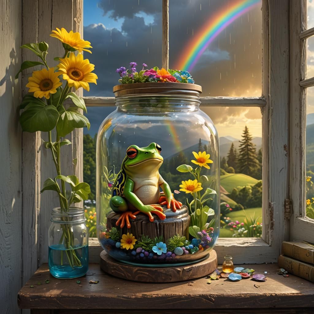 Weather Frog in Jar with Rainbow, Fantasy Art