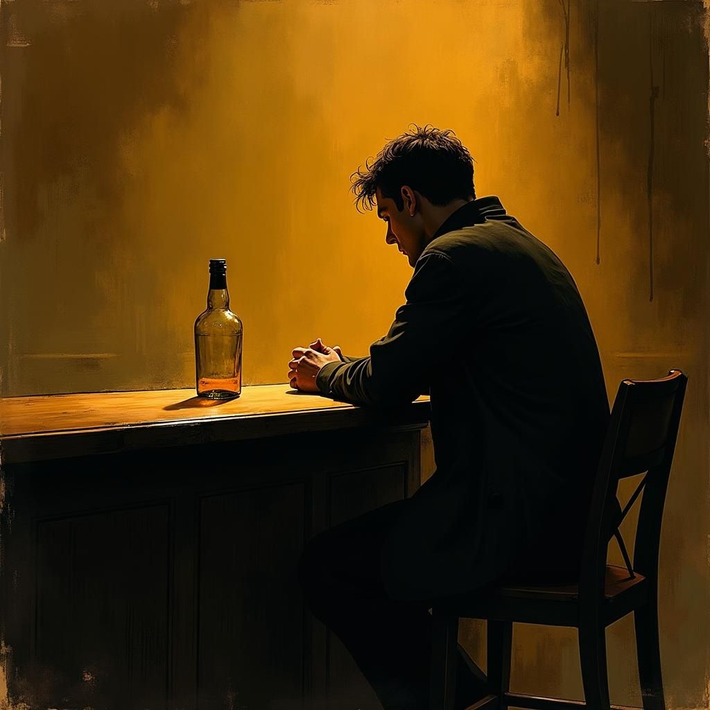 Introspective Figure at Bar in Dimly Lit Setting