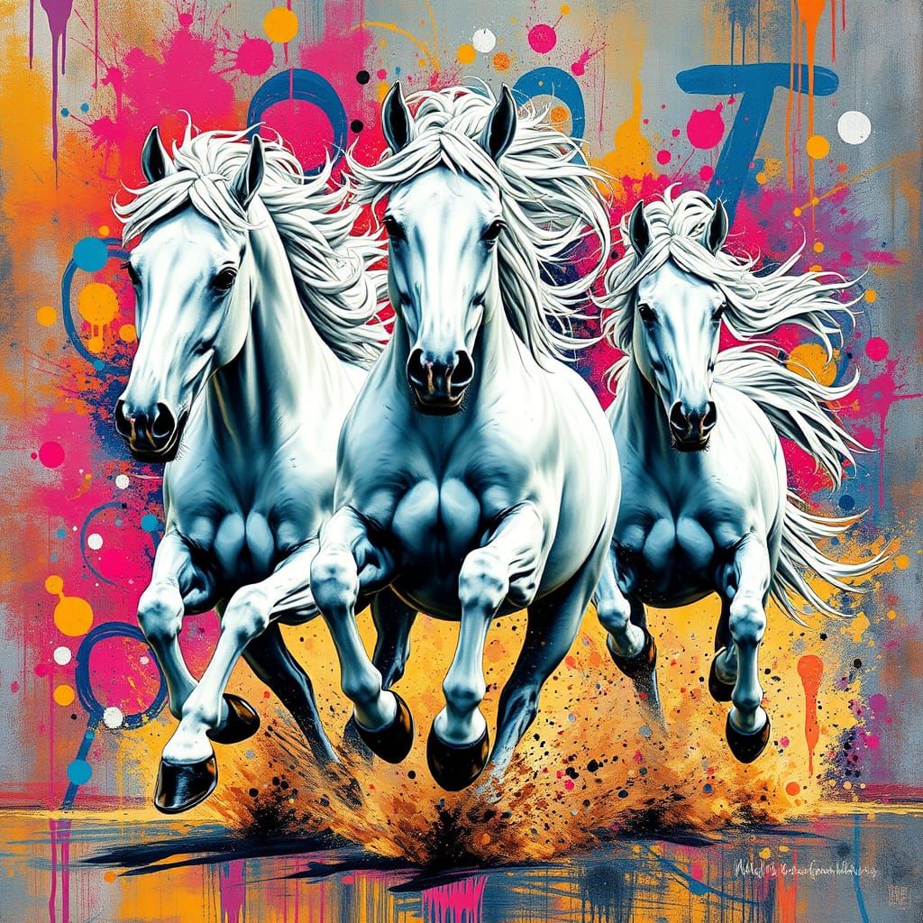 Three White Horses Gallop in Vibrant Graffiti Style