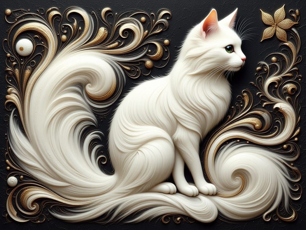 Elegant White Cat in Cloisonné Style