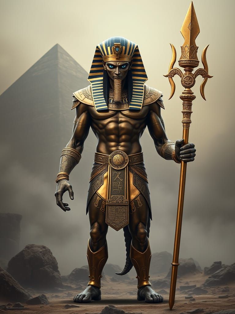 Egyptian Warrior God in Bronze Armor Stands Proud with Golde...
