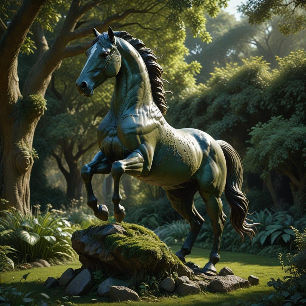 Majestic Stone Horse Sculpture in Overgrown Victorian Garden