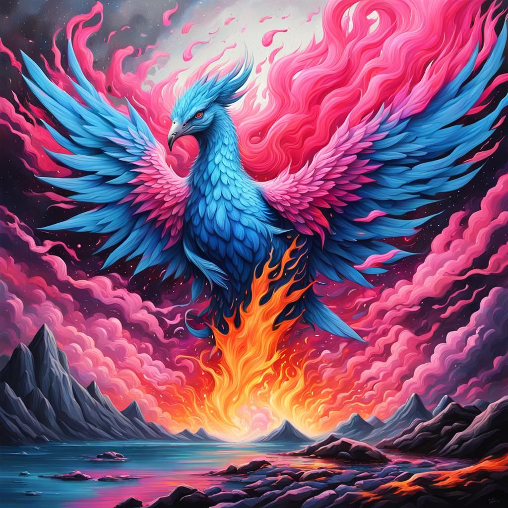 Colorful Phoenix Over Mountain in Graffiti Art Style