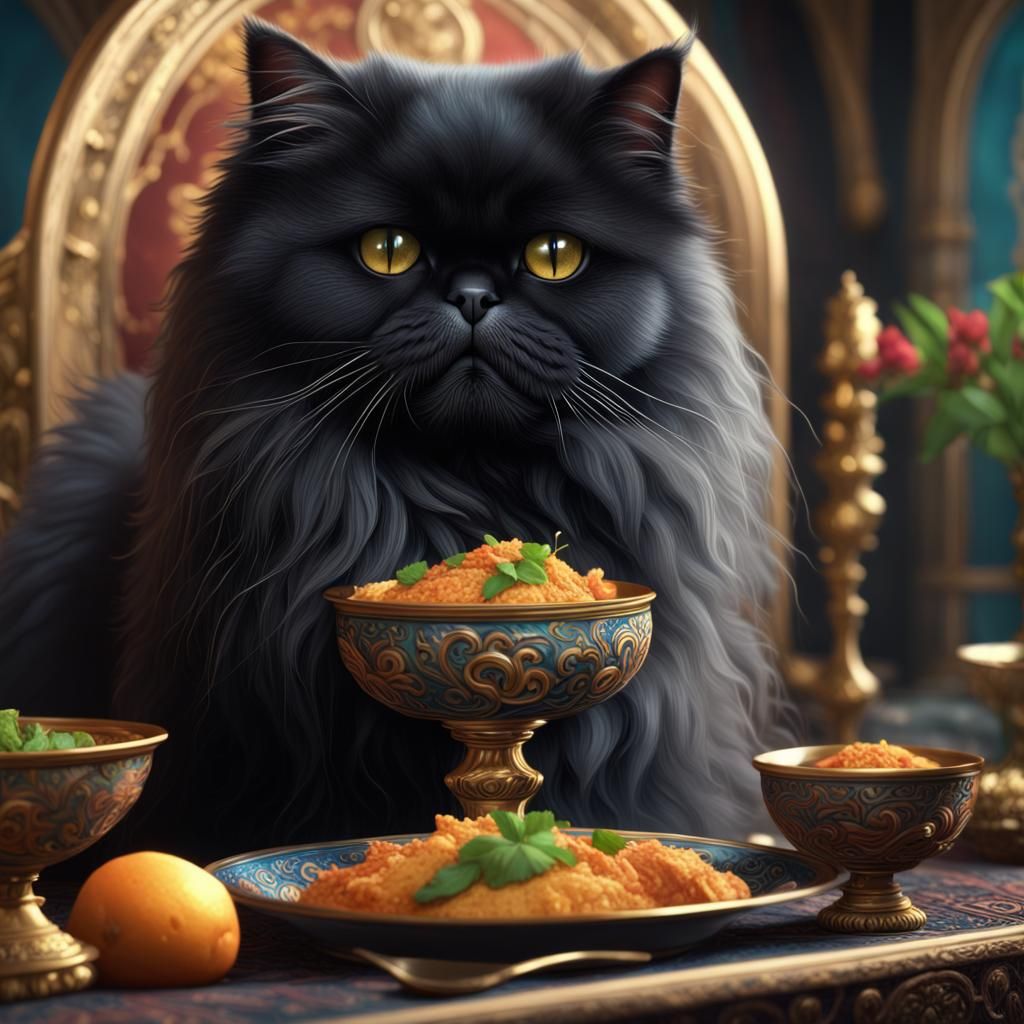Black Persian Cat's Fantastical Feast: Detailed Matte Painti...