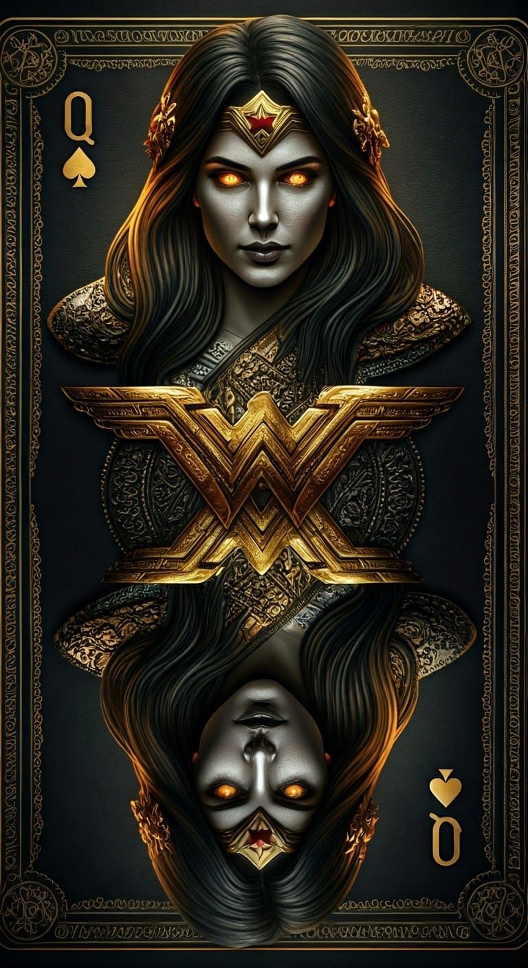 Stylized Metallic Queen Playing Card with Intricate Wonder W...