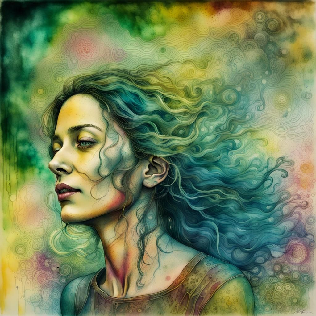 Woman in Surreal Universe: Liquid Ink Watercolor