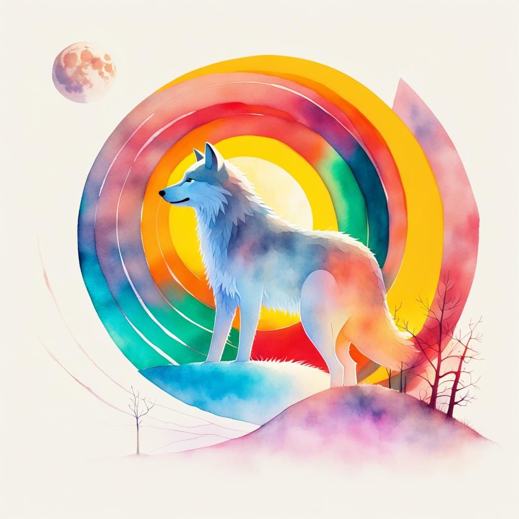Silver Wolf Howling: Watercolor Dreamscape
